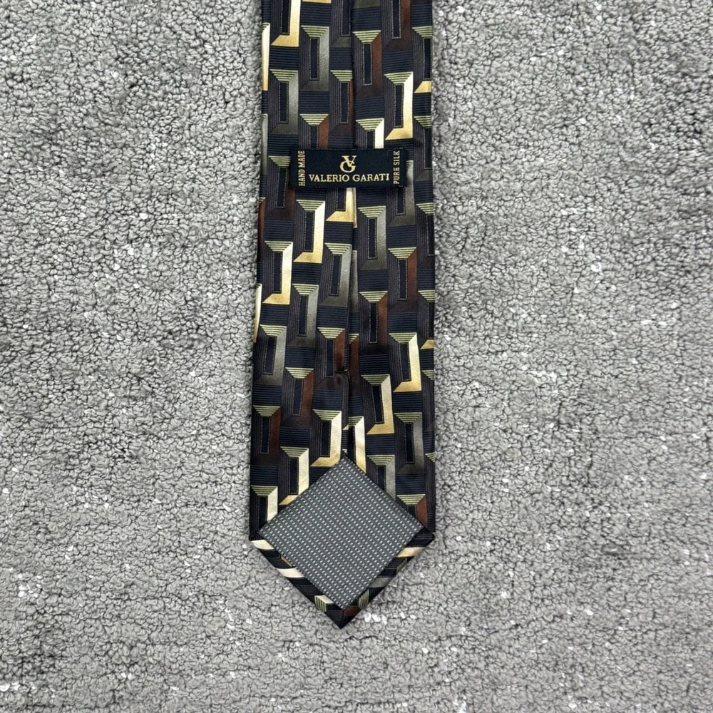 Valerio Garati Mens Silk Tie Black Gold Brown Geometric Handmade 59